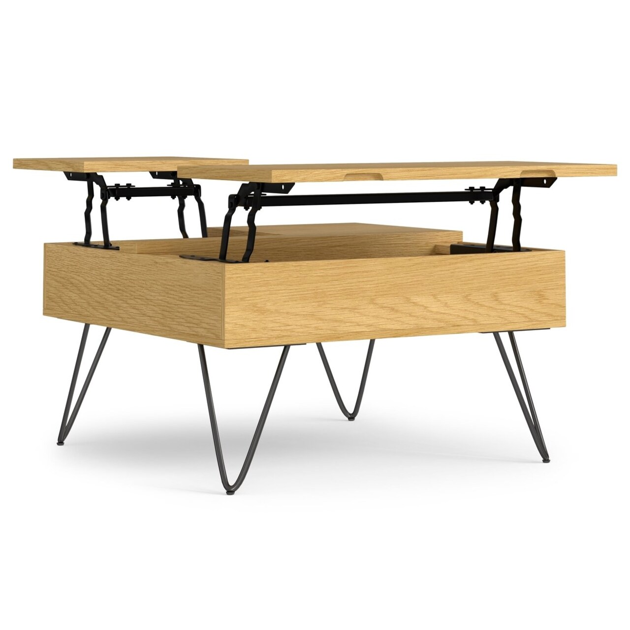 Hunter Lift Top Square Coffee Table Oak Wood Storage Black Iron Legs Adjustable